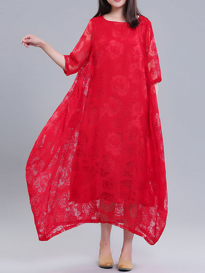 A-line Half Sleeves Flower Print See-through Color Round-neck Midi Dresses