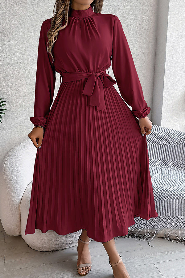 Stand-collar Long-sleeve Waisted Tie-up Pleated Midi Dress