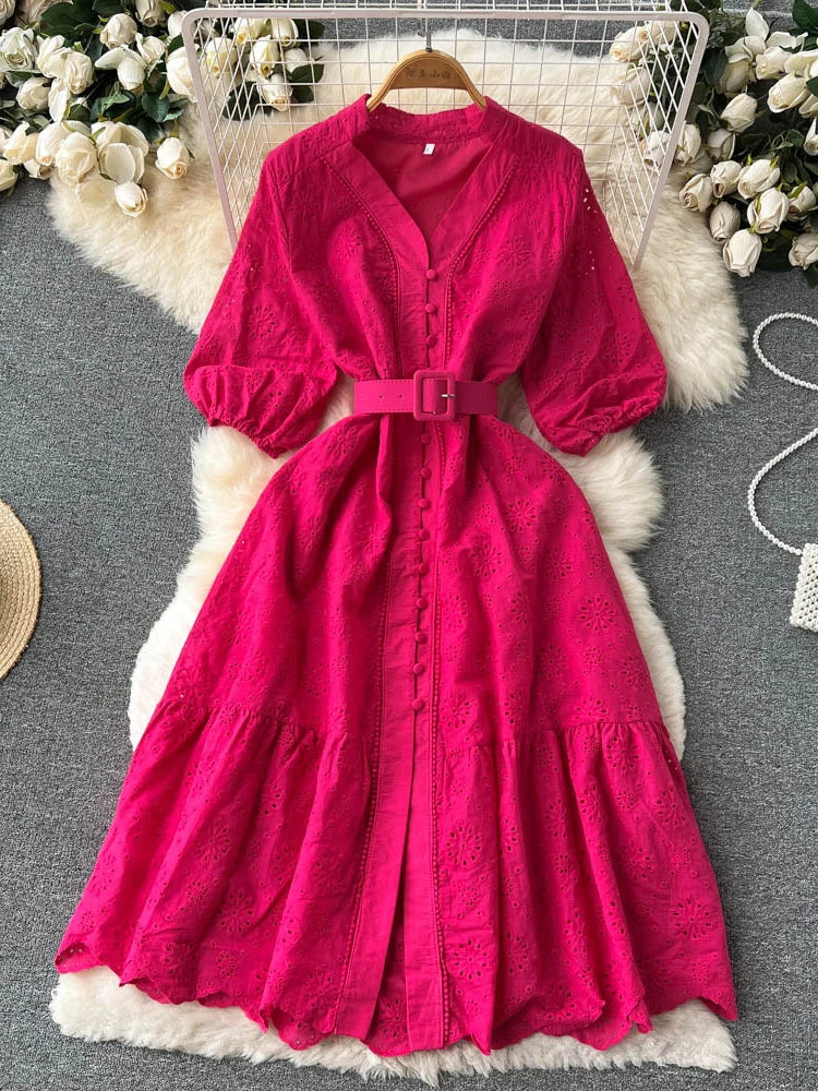 Summer V-neck Hollow Out Dress Bubble Sleeves Loose Embroidered Ruffle Edge Long Dresses Long Robe