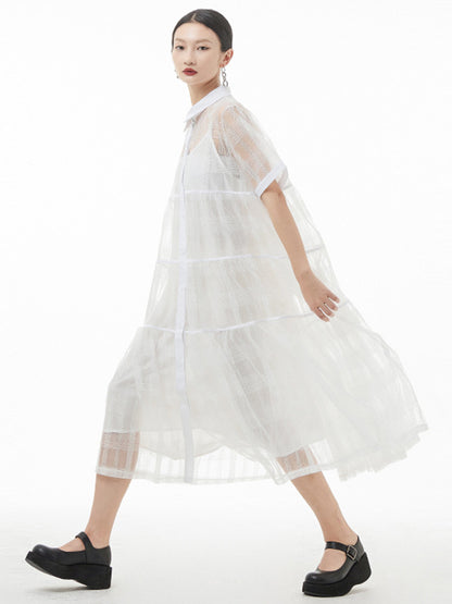 Original Color Hollow See-through Thin Midi Dress