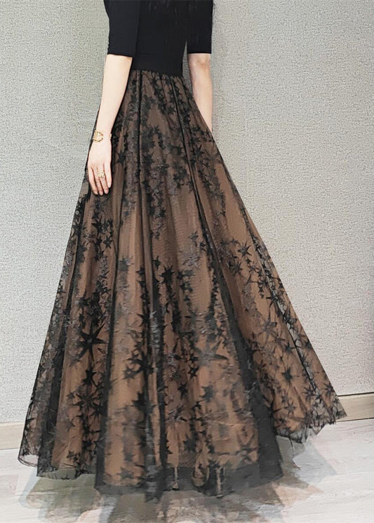 Chocolate Embroideried High Waist Flatering Tulle Maxi Skirt Spring