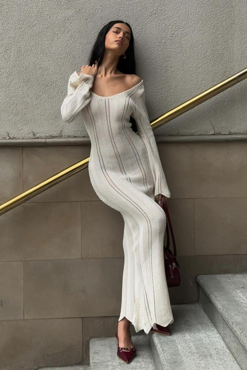 U Neck Knit Flare Sleeve Sheer Cutout Bodycon Maxi Dress