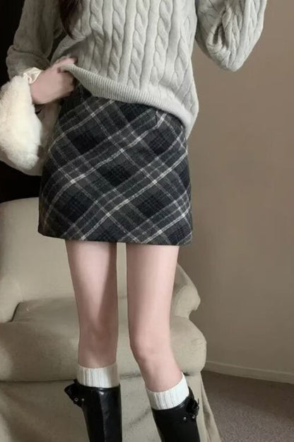 Wool Plaid High Waist A-line Skirt