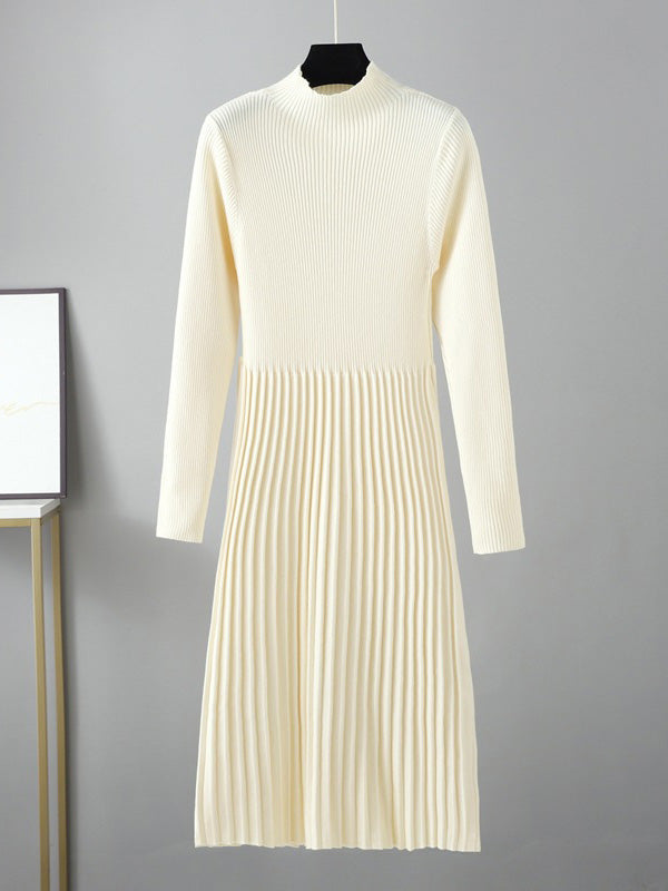 Stylish Long Sleeves High Waisted Pleated Color Half Turtleneck Sweater Dresses