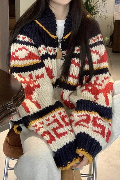 Knitted Relaxed Deer Striped Sweater