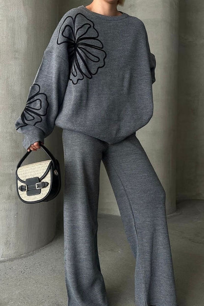 Round Neck Knit Sweater With Pants Two Piece Pants Set