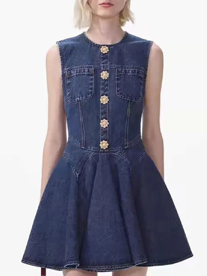 Denim Mini Dress With Fluted Pleated Skirt