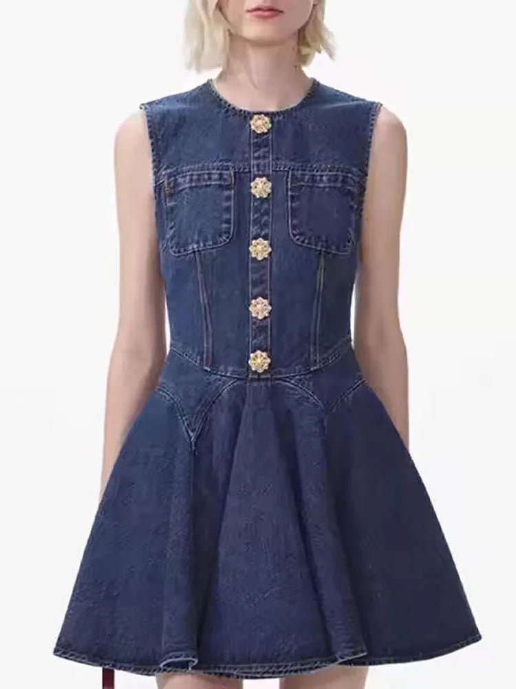 Denim Mini Dress With Fluted Pleated Skirt