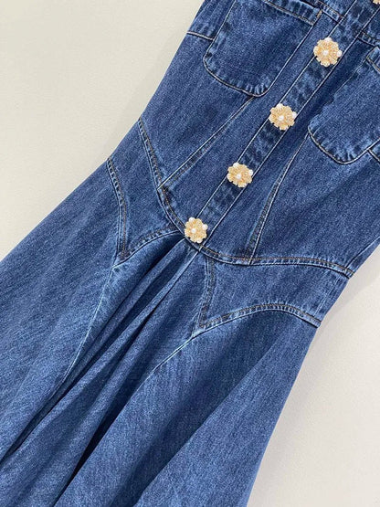 Denim Mini Dress With Fluted Pleated Skirt