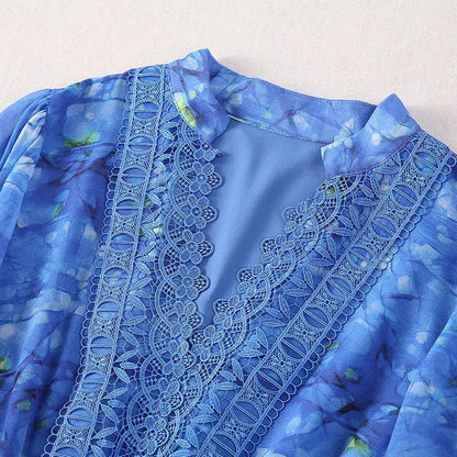 V-neck Flare Sleeve Lace Print Summer Dress