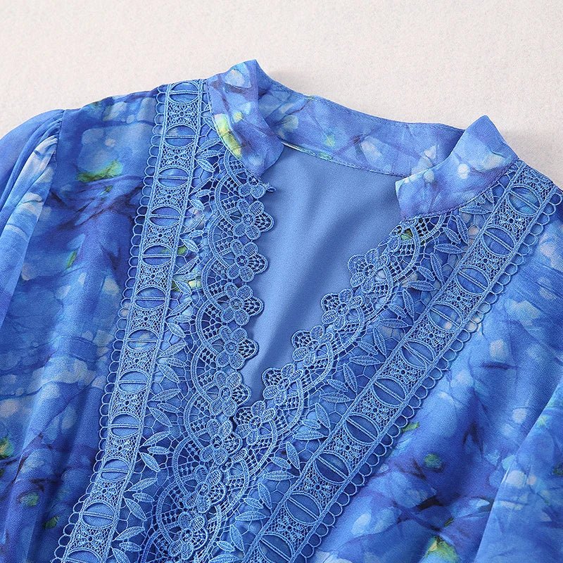 V-neck Flare Sleeve Lace Print Summer Dress