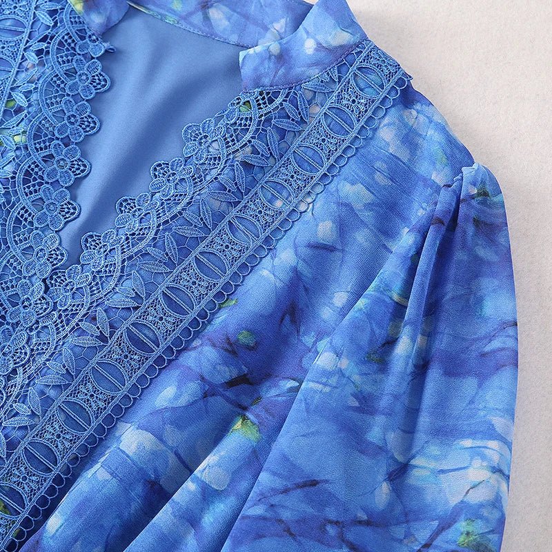 V-neck Flare Sleeve Lace Print Summer Dress
