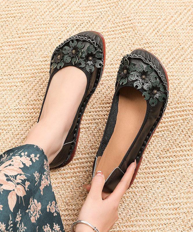 Black Cowhide Leather Flats Splicing Flat Feet Shoes