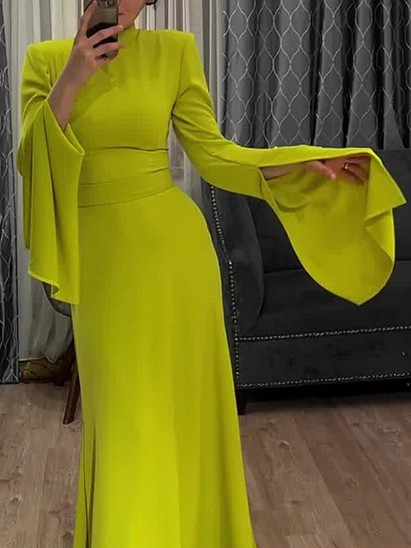 Ruffle Sleeves Skinny Belted Color Round-neck Maxi Dresses