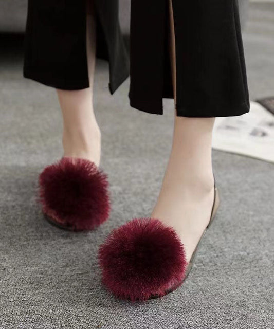 Fuzzy Ball Decorated Transparent Flat Fish Mouth Sandals