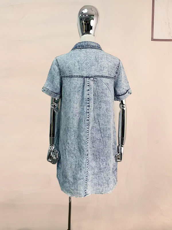 A-line Loose Fringed Pleated Pockets Split-joint Lapel Mini Dresses