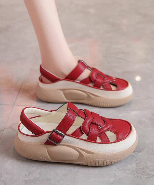 Red Hollow Out Platform Flat Sandals Splicing