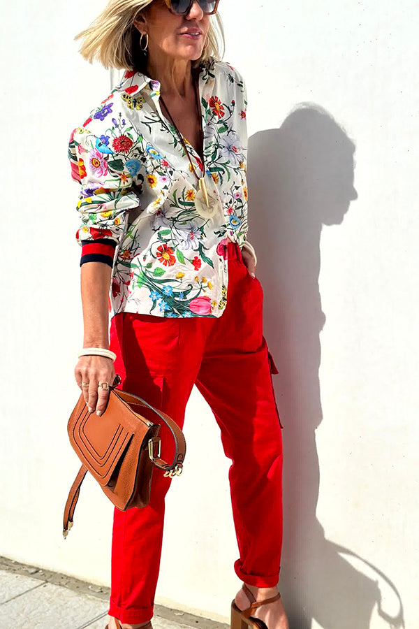 Fabulous Fiesta Satin Unique Print Button Down Oversized Blouse