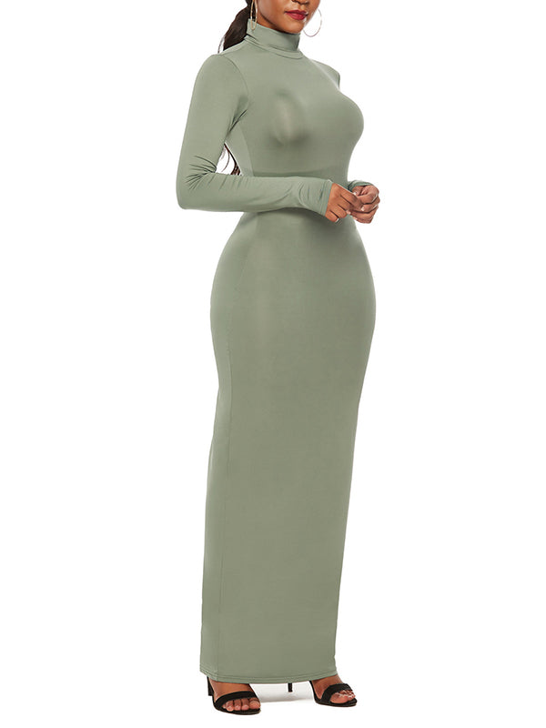Bodycon Long Sleeves Color High Neck Maxi Dresses