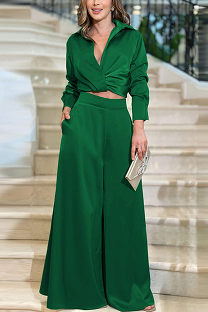 Satin Color Lapel Long Sleeve Blouse and Loose-fitting Pocket Wide Leg Pants Set