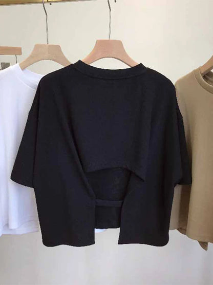 Summer New Backless T-shirt Korean Round Neck Loose Sweet Spicy Wind Short-sleeved Crop Tops