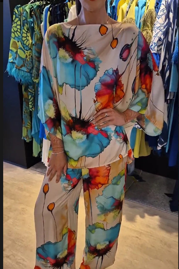 Satin Botanical Print Crew Neck Top and Elastic Waist Loose Pocket Pants Set
