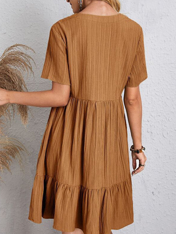 A-line Loose Pleated Color Split-joint V-neck Mini Dresses
