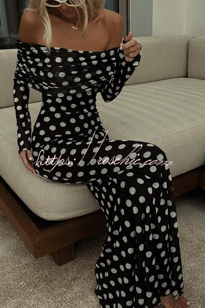 Statement Polka Dot Print Off Shoulder Ruched Stretch Maxi Dress