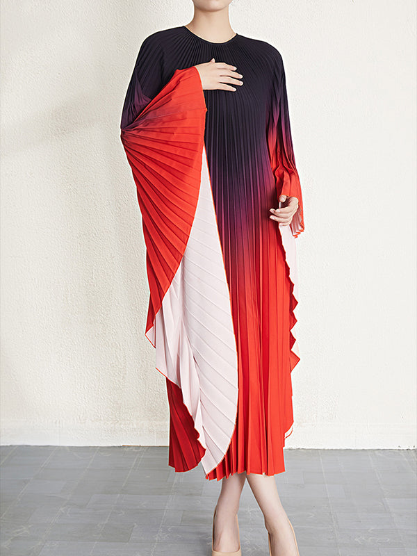 Batwing Sleeves Loose Gradient Pleated Round-neck Midi Dresses
