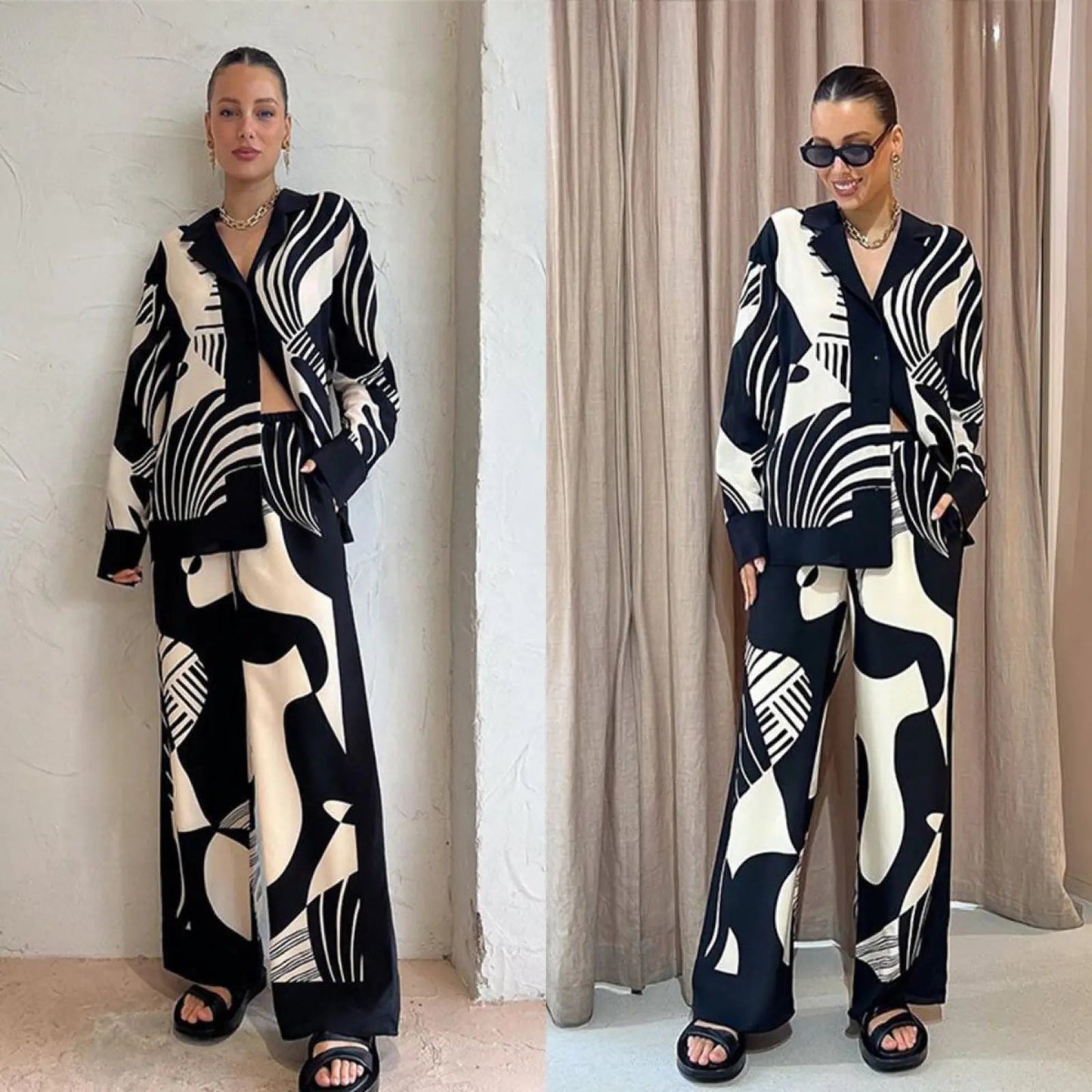 2-piece Digital Print Set: Top & Loose Pants