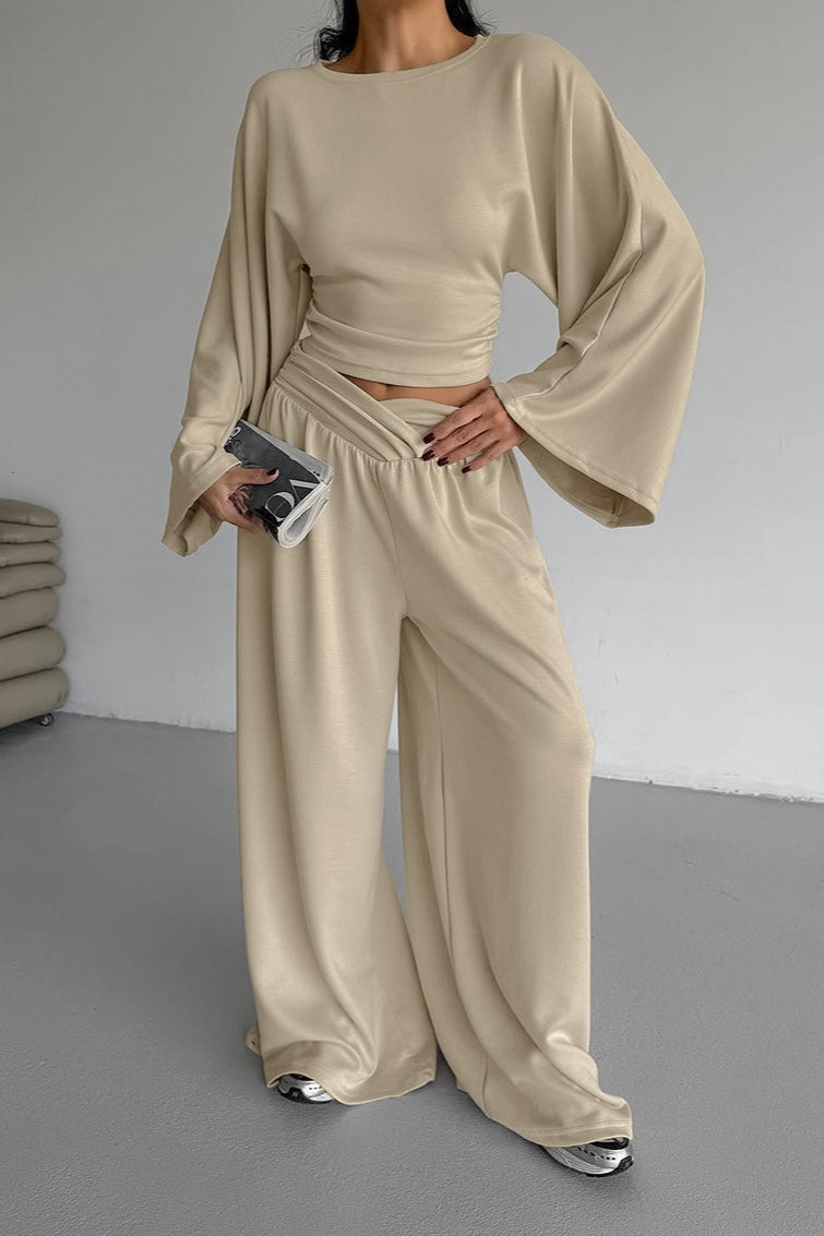 Cinched Waist Flared Sleeve Top Palazzo Pants Set