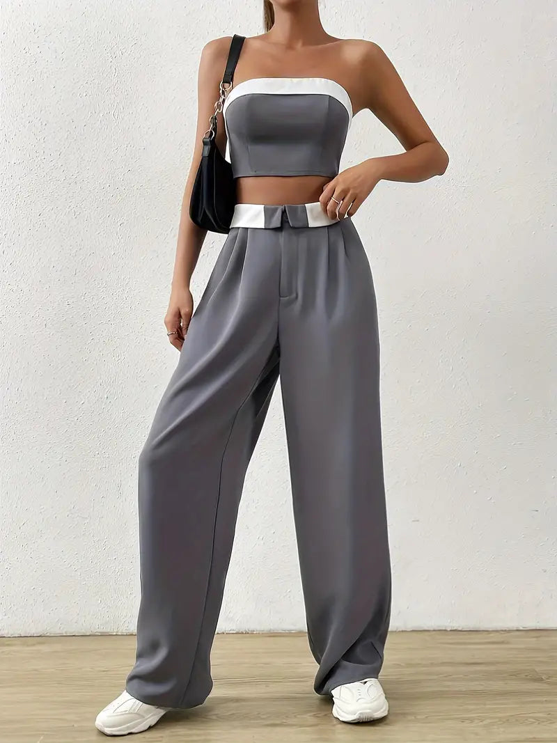 Contrast Off Shoulder Tube Top & Pants Two Piece Set