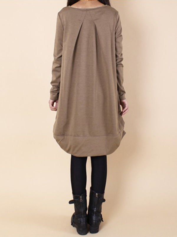 A-line Long Sleeves Pleated Color Round-neck Dresses Maxi Dresses