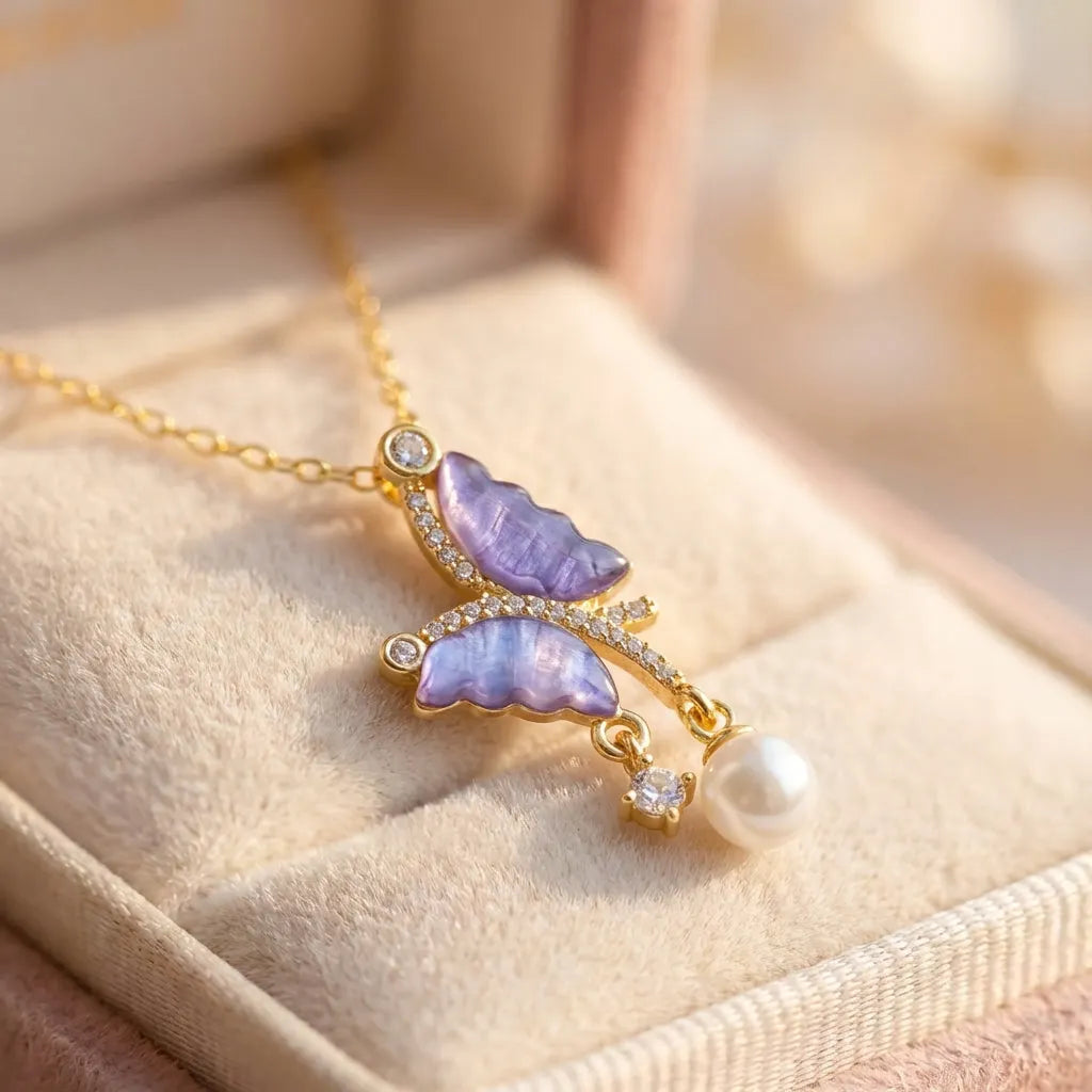 Purple Butterfly Zircon Pearl Necklace