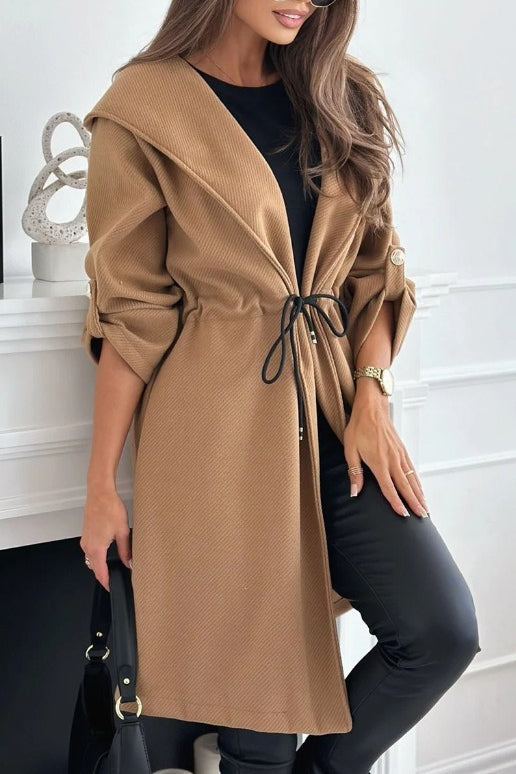 Tie Front Hooded Lapel Long Sleeve Coat