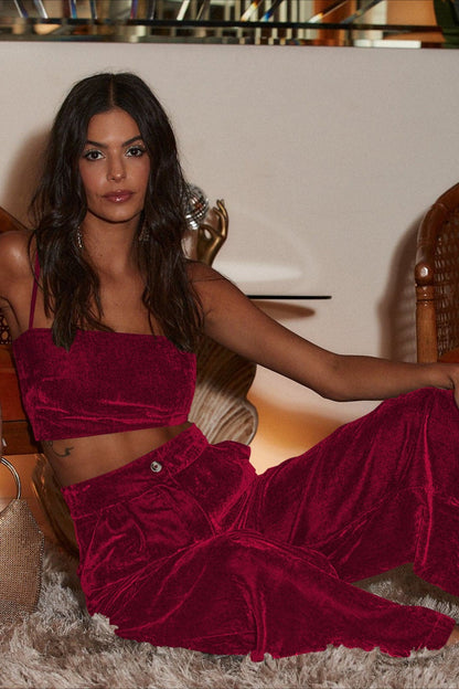 Suede Relaxed Button Straight Wide Leg Pants