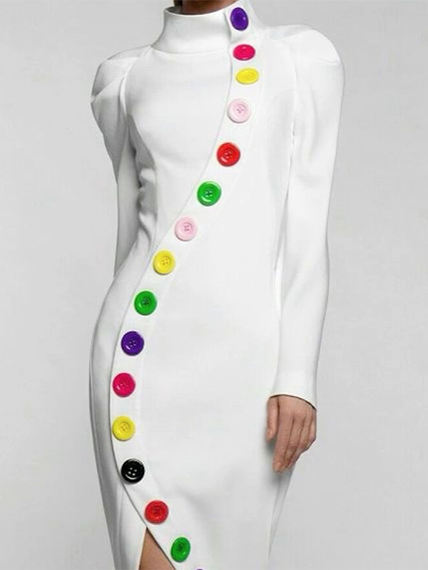Long Sleeves Buttoned Contrast Color High Neck Midi Dresses