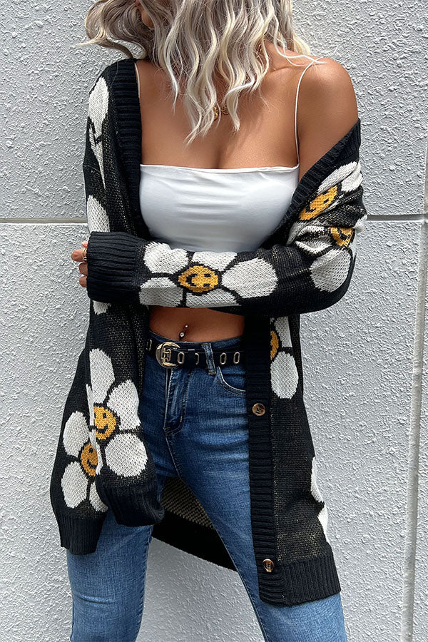 Smiley Print Button Cardigan