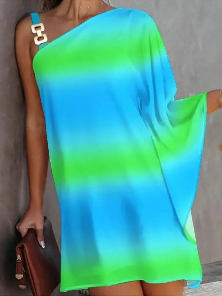 Summer Dresses for Irregular Mini Dress Gown One Shoulder Diagonal Neck Print Vestidos