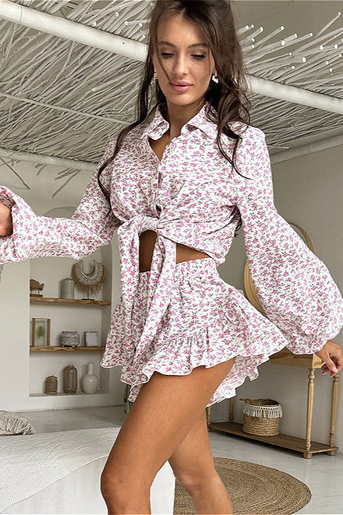 Long Sleeve Collar Flip Shirt Ruffled Shorts Two Piece Set