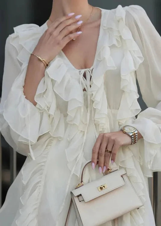 Ruffled V-neck Long Sleeve A-line Dress