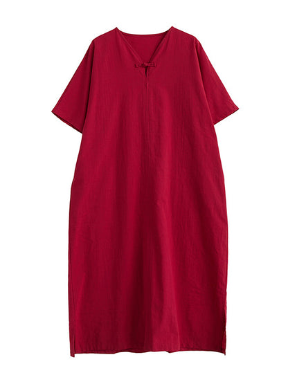 A-line Loose Chinese Frog Buttons Pockets Color Split-side V-neck Midi Dresses