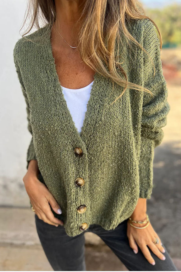 Color V-neck Long-sleeved Fashionable Knitted Cardigan