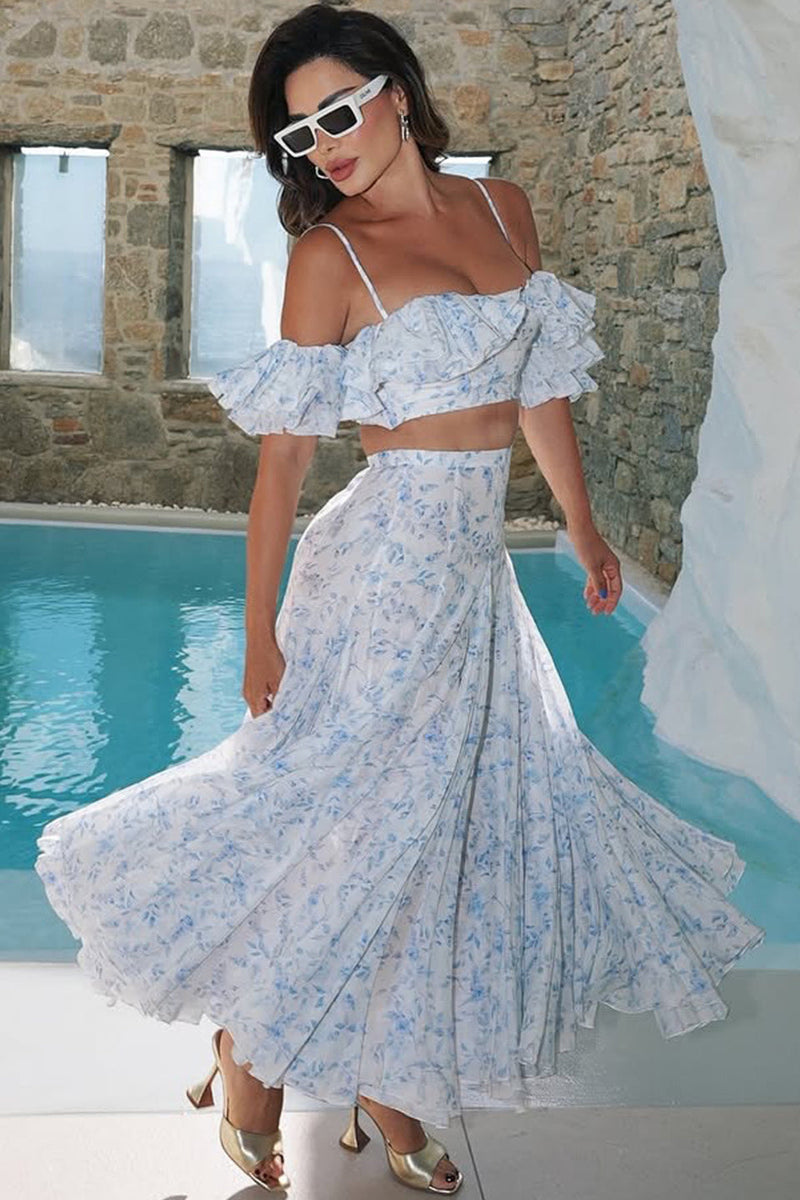 Off Shoulder Ruffled Camisole Maxi Dress Two Piece Set