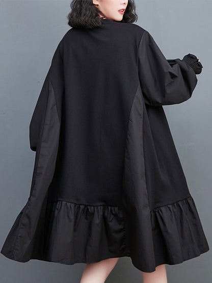 Loose Puff Sleeves Pleated Color Split-joint Round-neck Midi Dresses