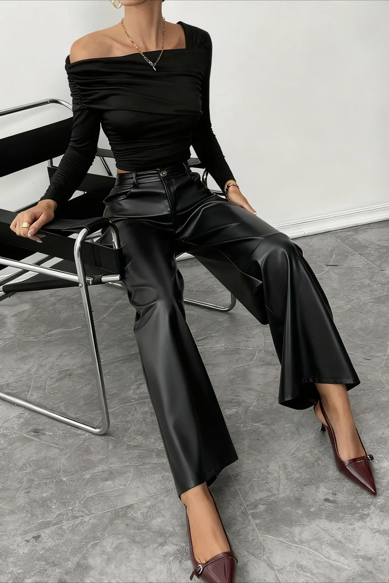 High Waist Fluid Black Pu Leather Wide Leg Pants