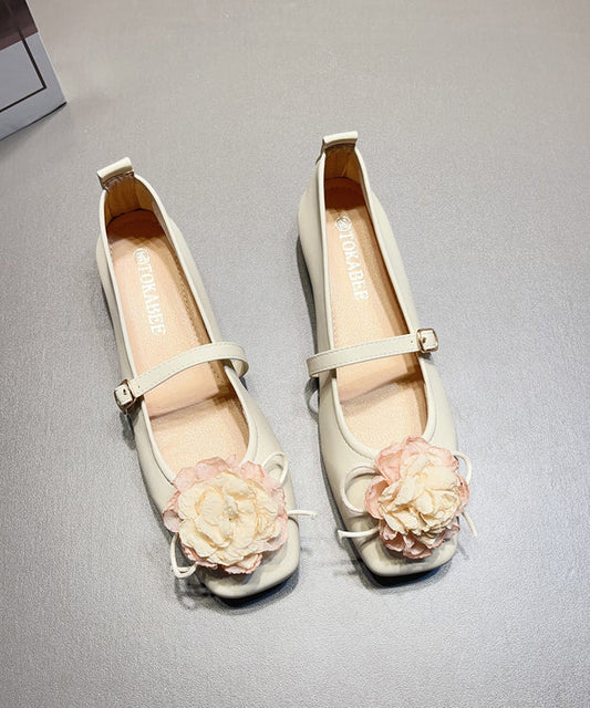 Apricot Faux Leather Flat Shoes Splicing Buckle Strap