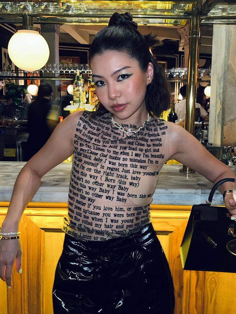 Mesh Letter Printted T-shirt O-neck See Through Tank Tops With Golve High Street Basic Slim Y2k Top Tee Shirts