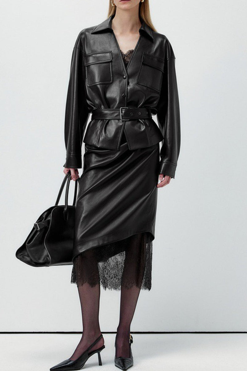 Lace Trim Leather Skirt