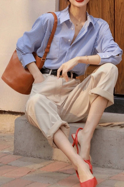 Blue Stripe Long Sleeve Blouse